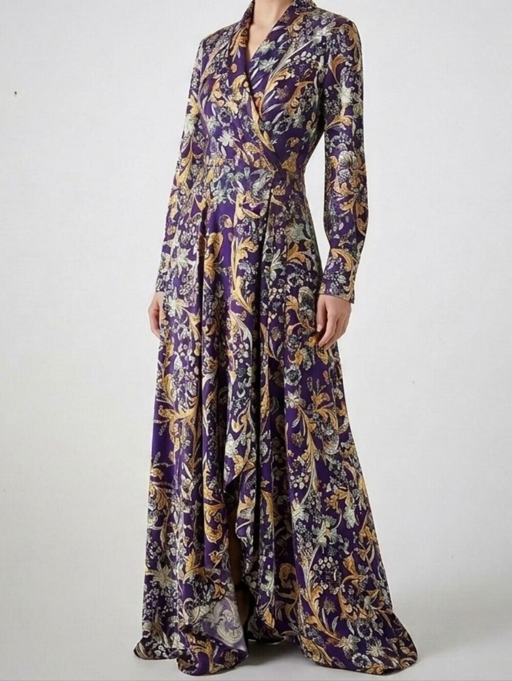 Anthropologie Rinku Hi-Low Hem Long Sleeve Maxi Dress Purple Floral Paisley S